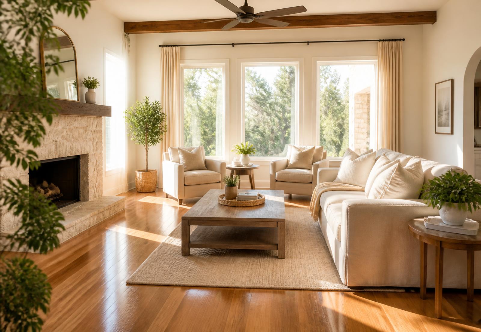 Sunlit, freshly cleaned living room in a Bastrop, Texas home